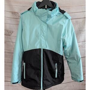 Magellan Outdoors Puffer Jacket Womens L Aqua Blue Black Colorblock Quilted Zip